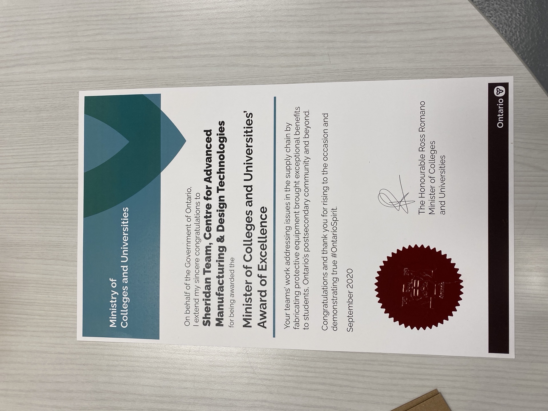 Ontario Minister of Colleges and Universities Award of Excellence certificate