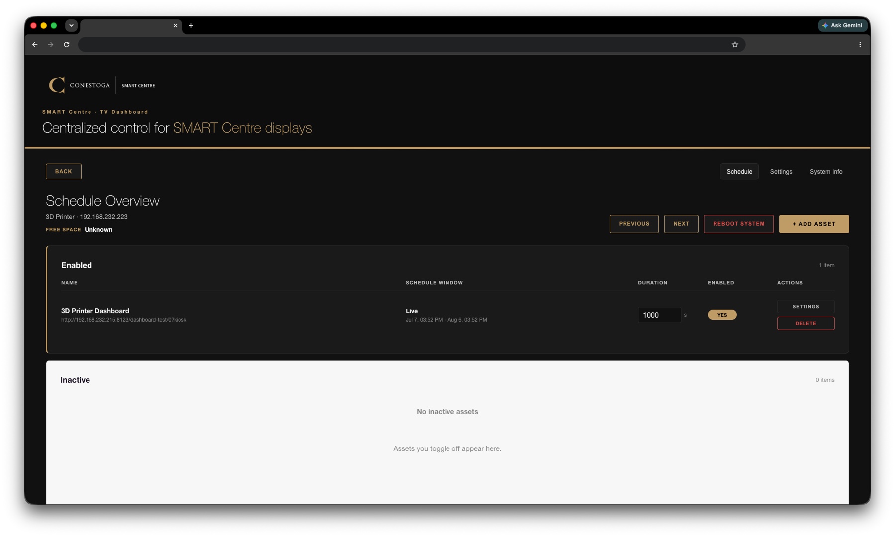 A display's schedule showing an uploaded webpage asset, a 3D printer dashboard link, with its playback window, duration, and an add-asset button
