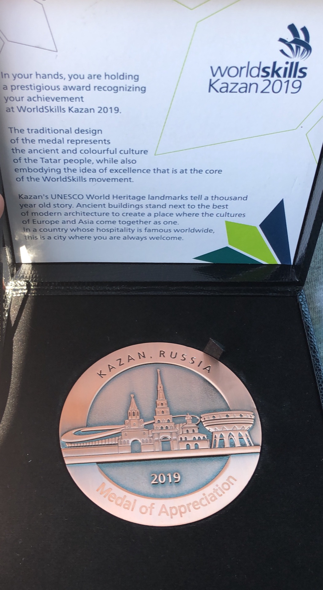 WorldSkills Kazan 2019 Medal of Appreciation in its presentation case